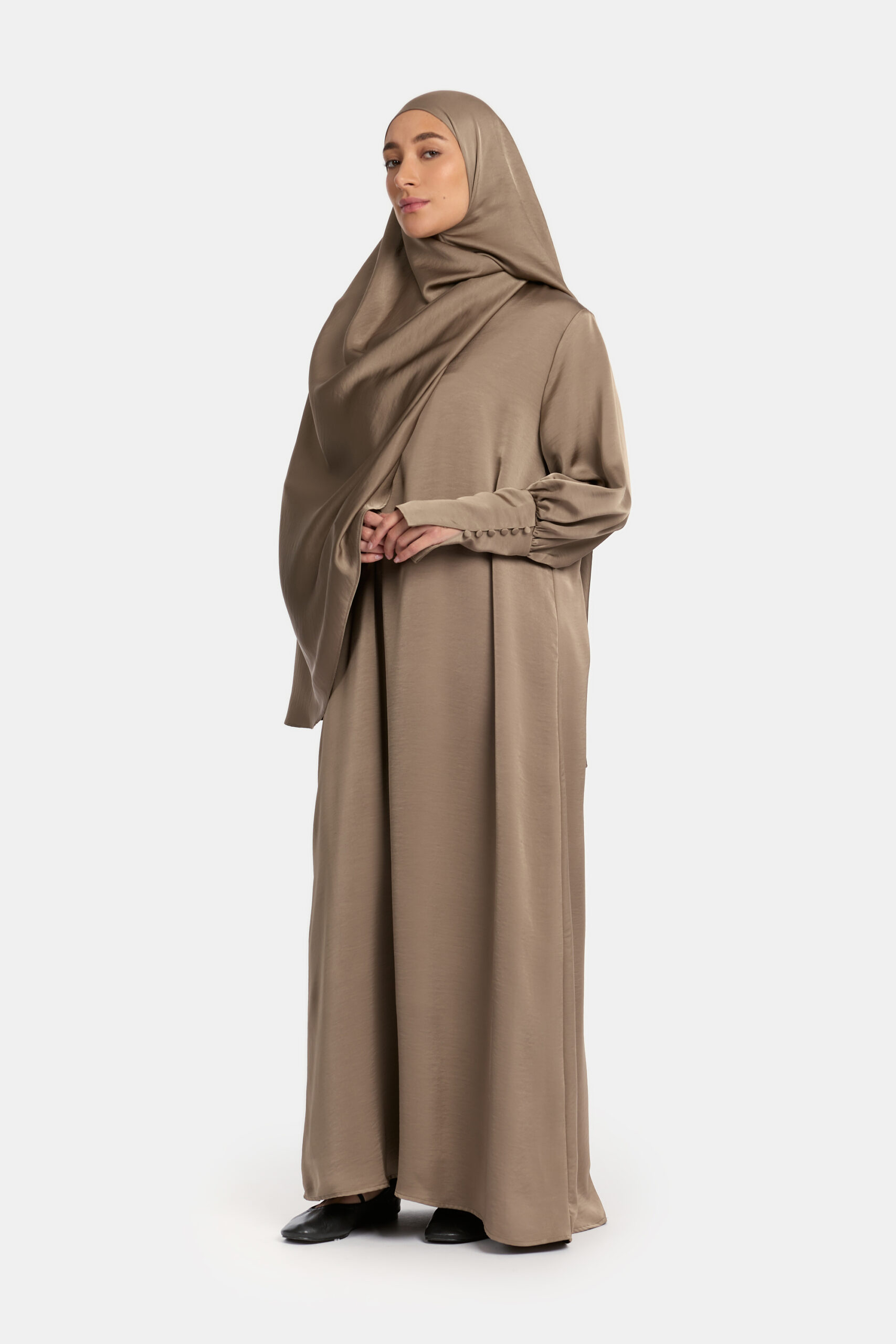 Satin Button sleeve abaya Ash Taupe