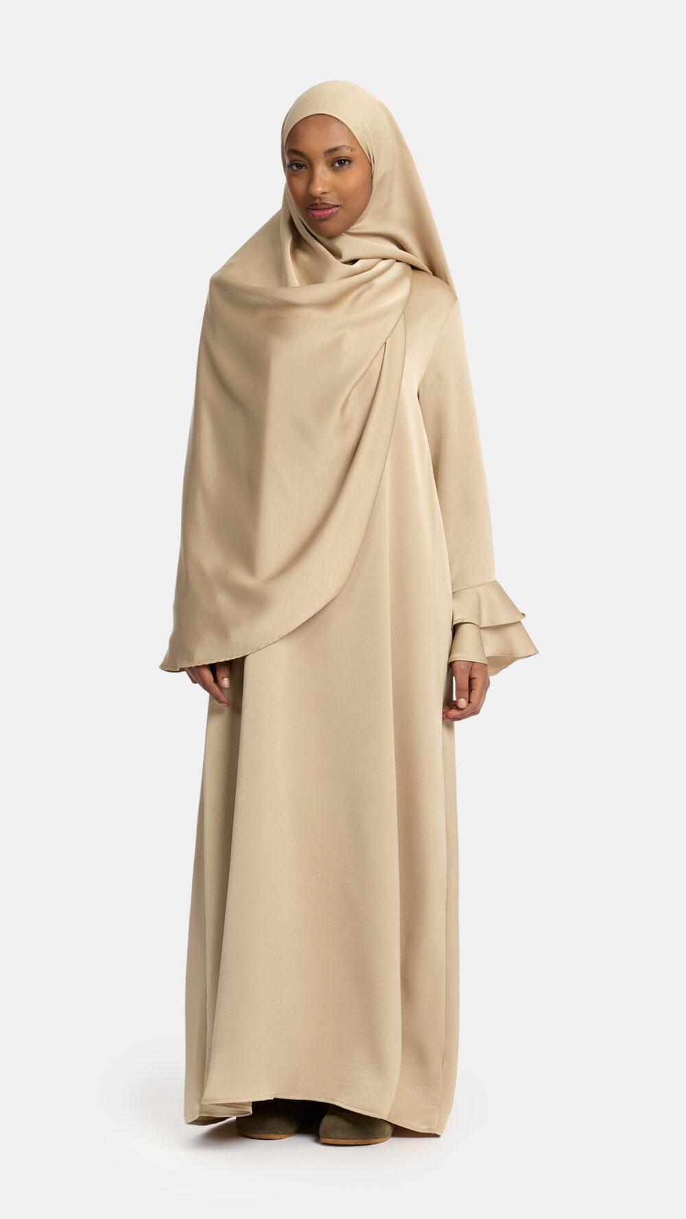 Satin Double cute sleeve abaya Warm Taupe