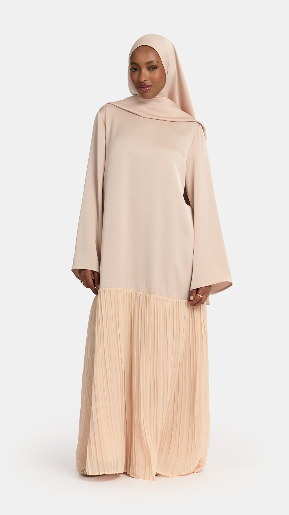 Pleated satin skirt abaya Almond