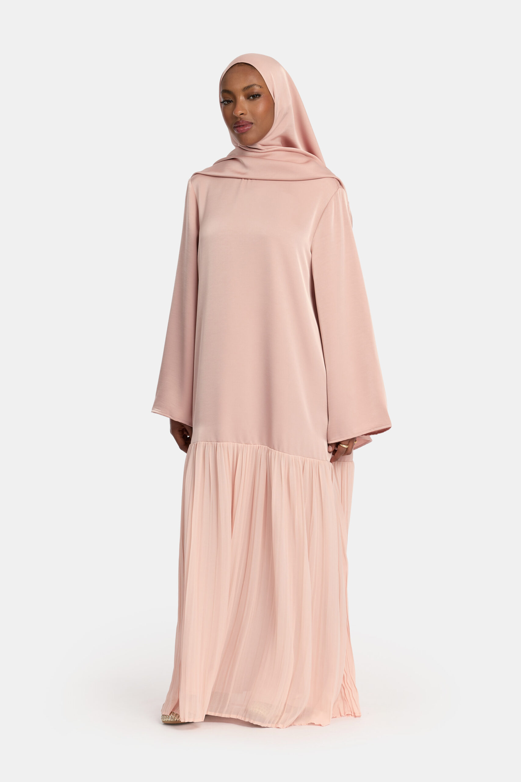 Pleated satin skirt abaya Peach