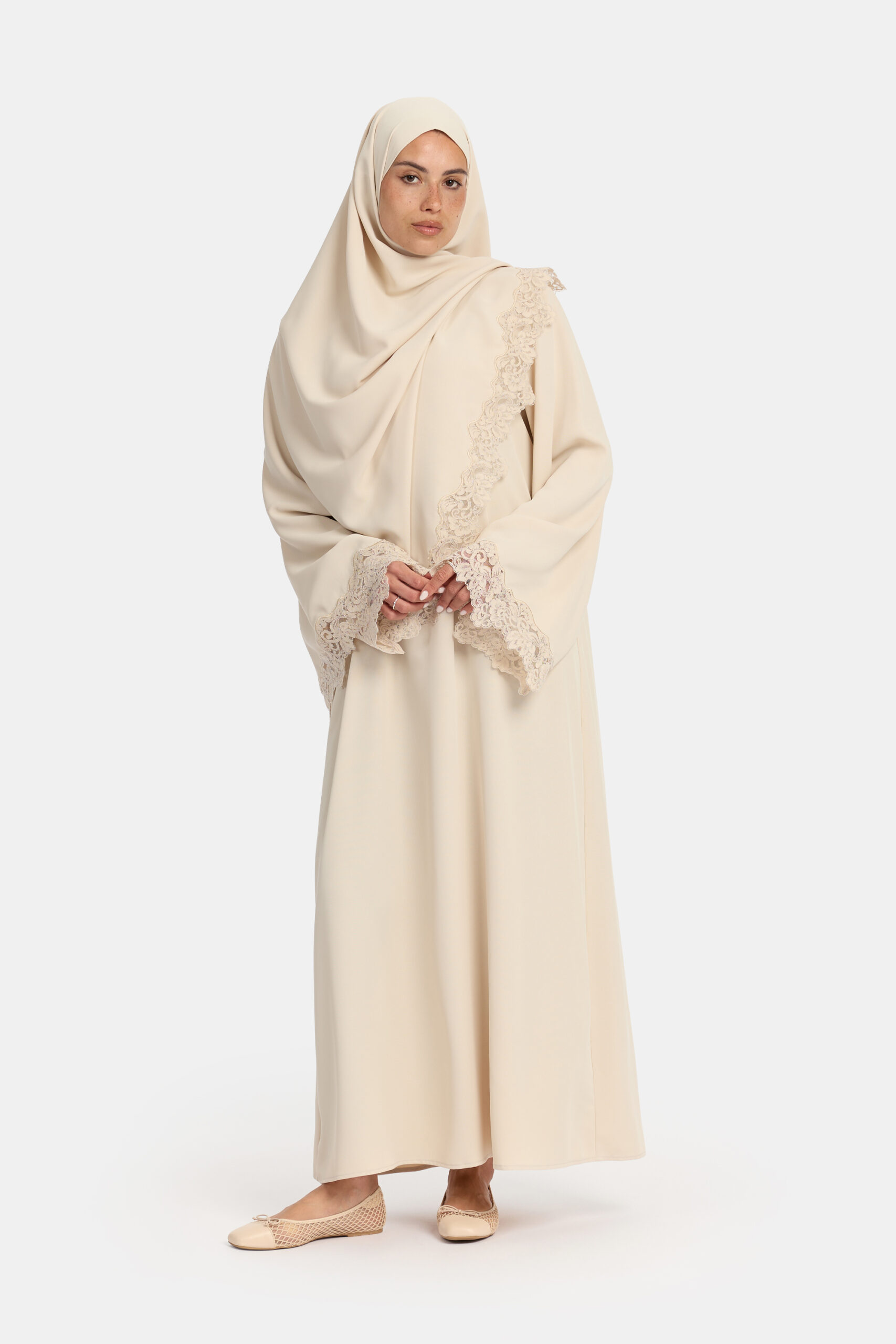Lace Wavy edge abaya Oat