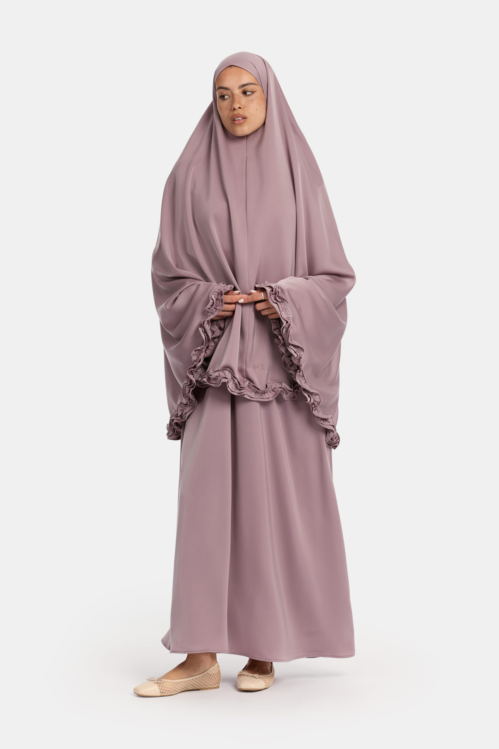 Satin khimar wavy ruffle Taupe Purple