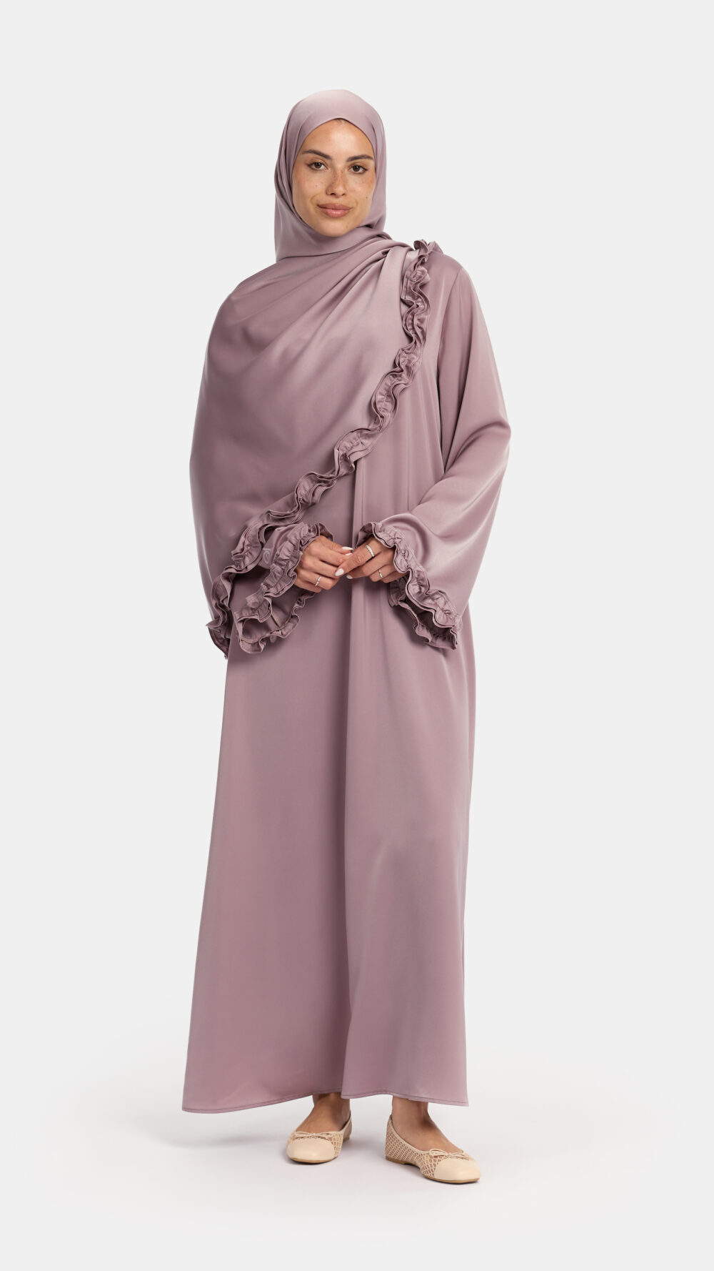 Satin wavy ruffle abaya Taupe Purple