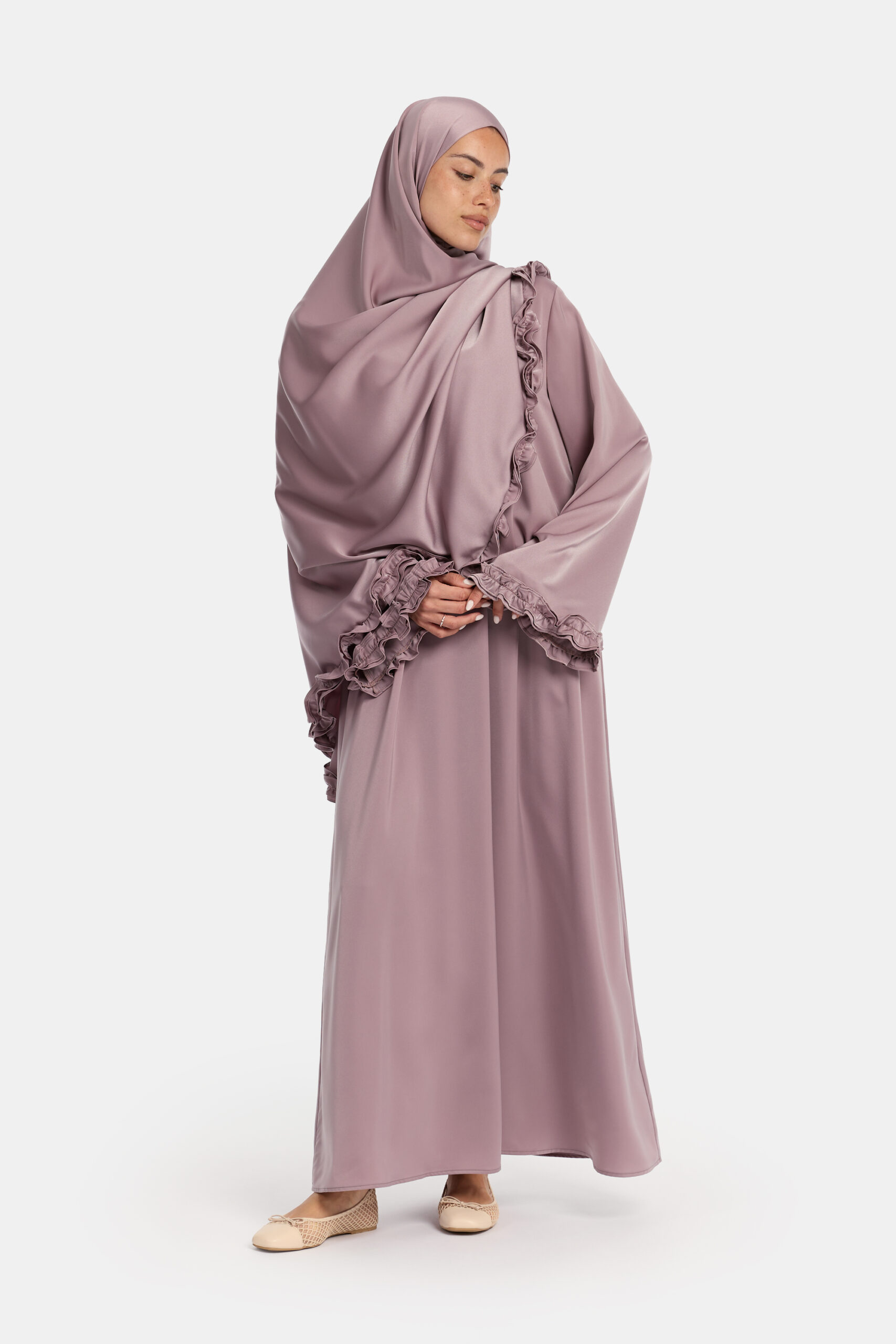 Satin wavy ruffle abaya Taupe Purple - Afbeelding 2