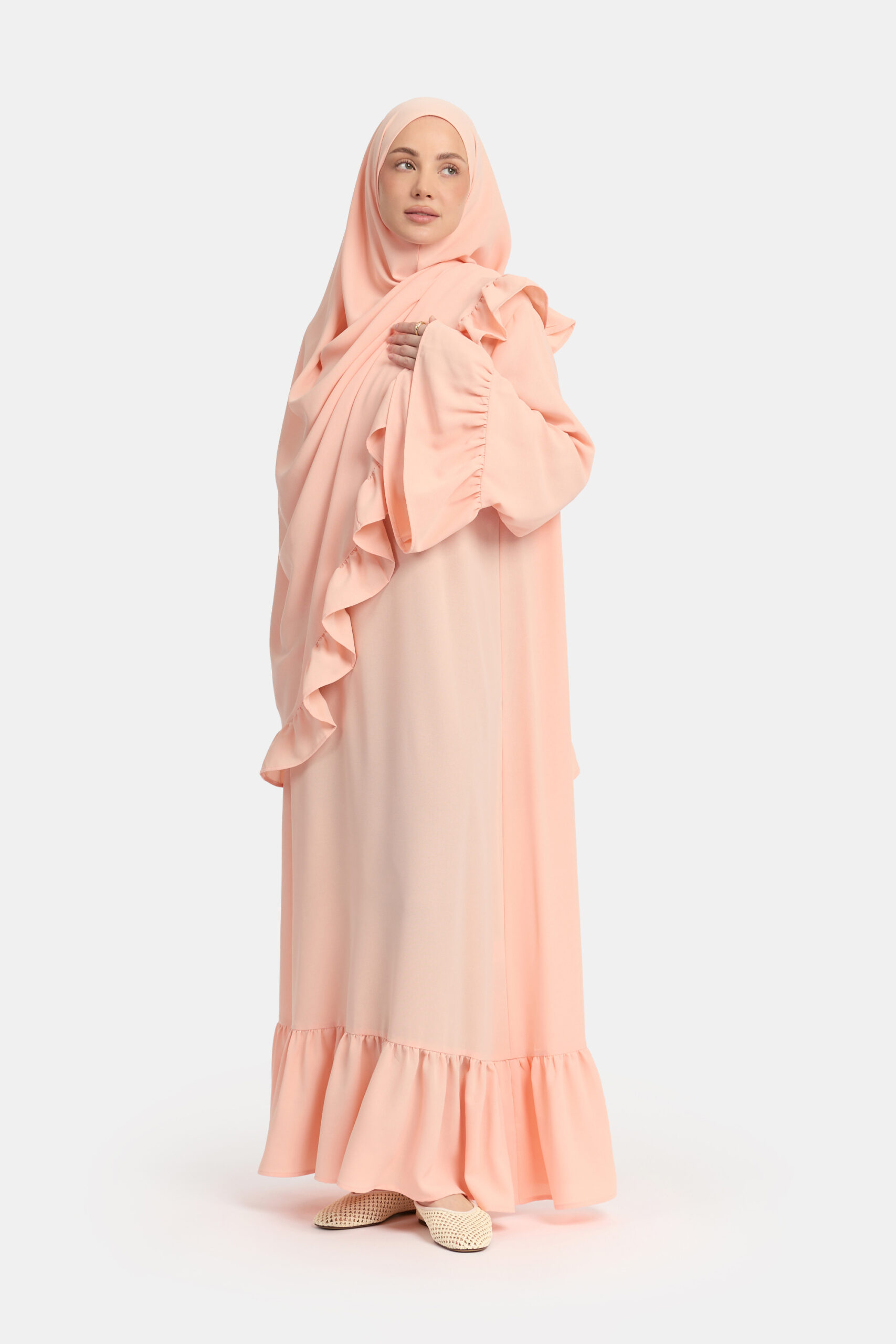 Lightweight stretch Ruffle abaya Tropical Peach - Afbeelding 2