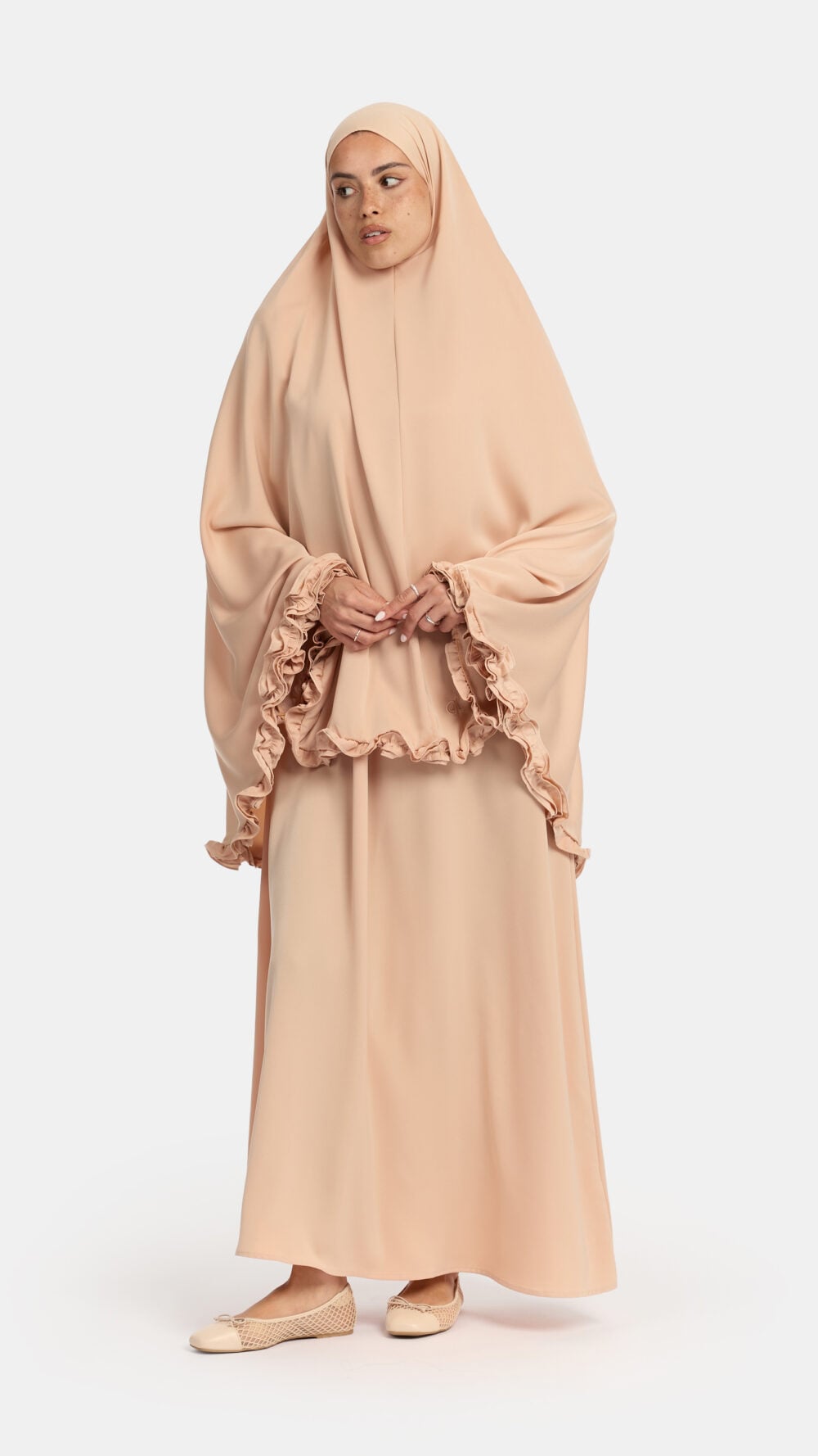 Satin khimar wavy ruffle Peach Almond
