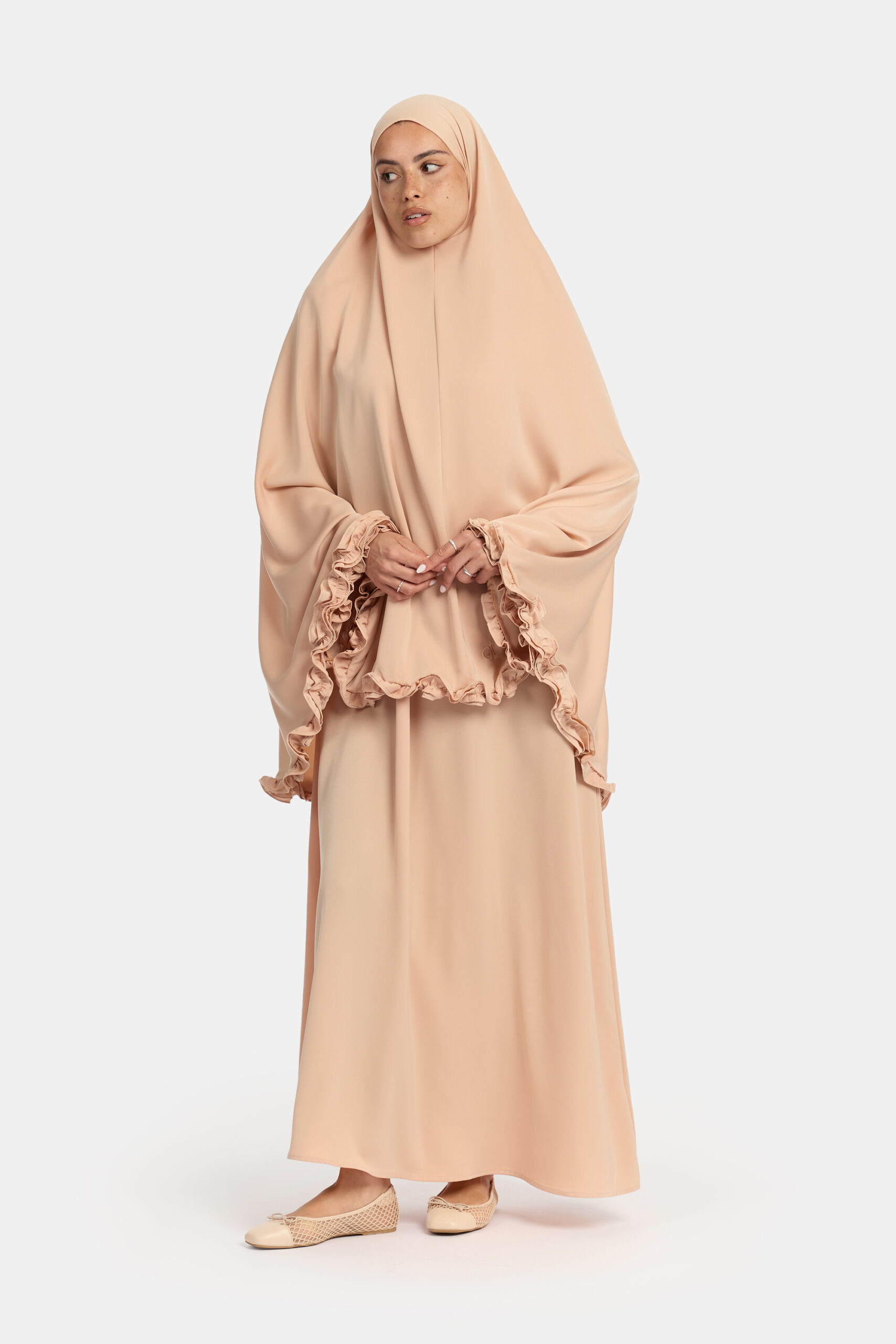 Satin khimar wavy ruffle Peach Almond