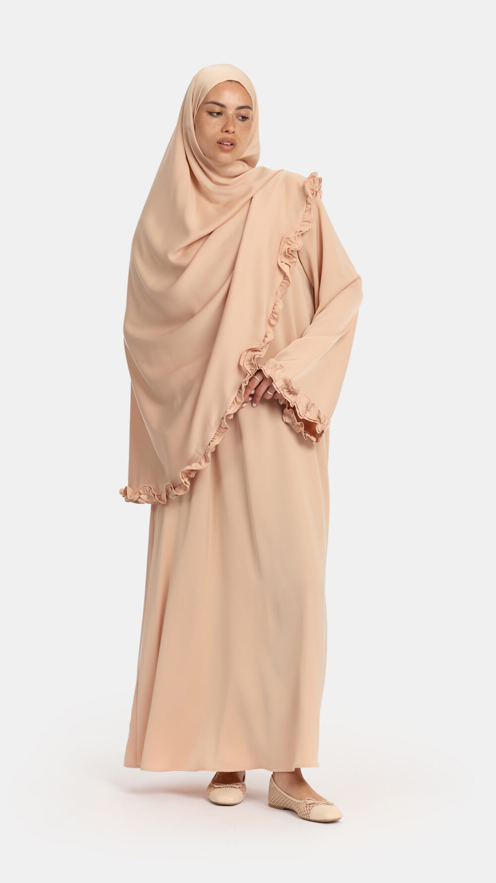 Satin wavy ruffle abaya Peach Almond