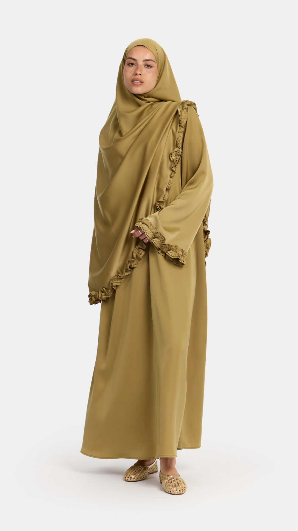 Satin wavy ruffle abaya Khaki