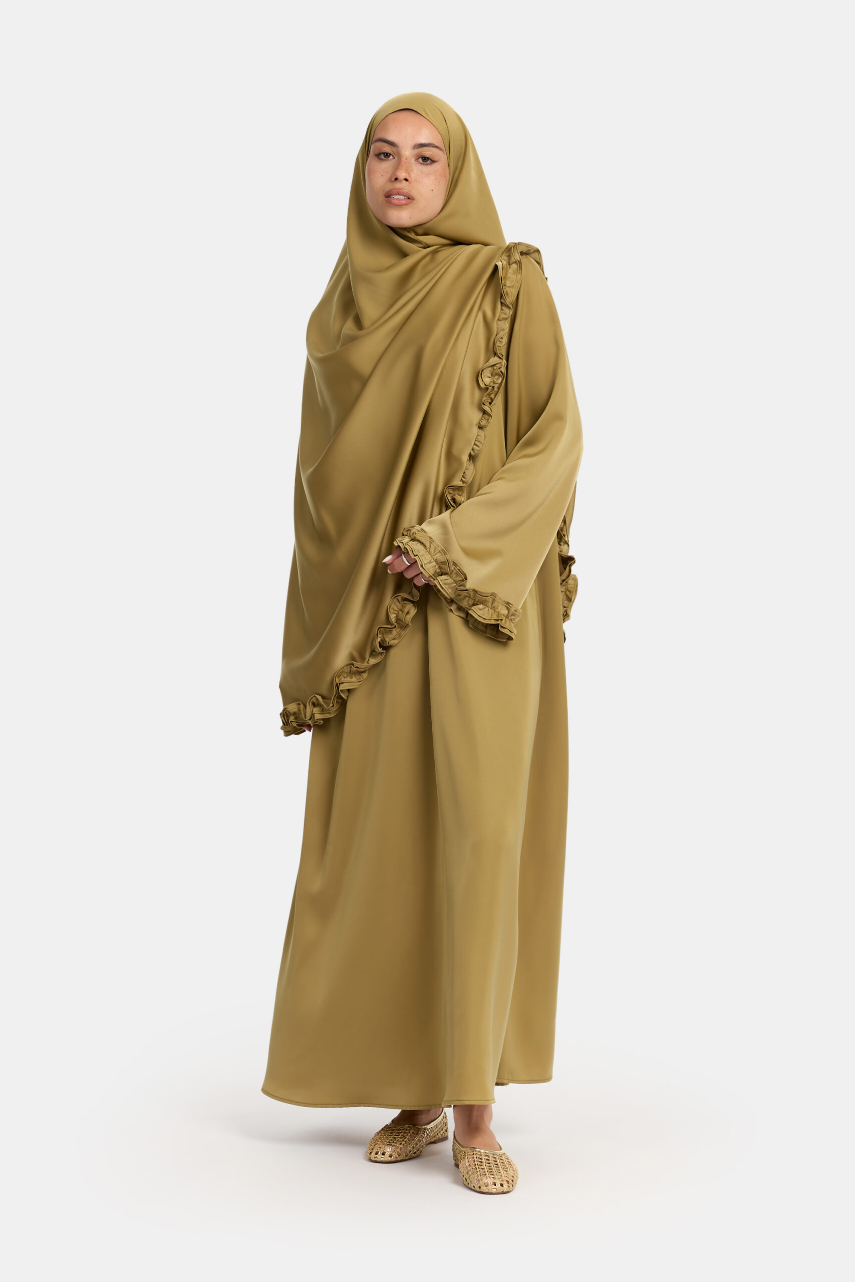 Satin wavy ruffle abaya Khaki