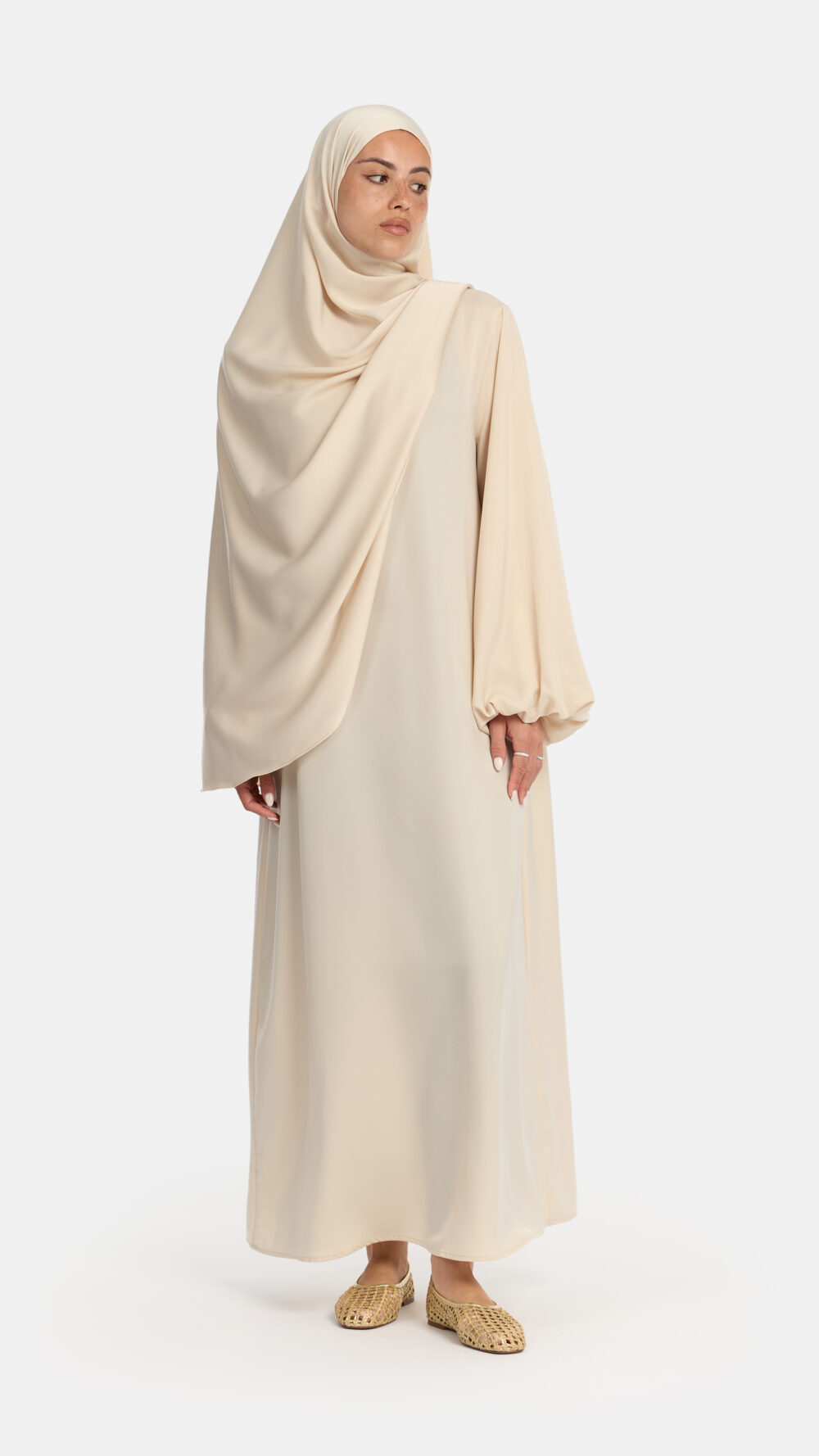 Satin balloon sleeve abaya Almond White