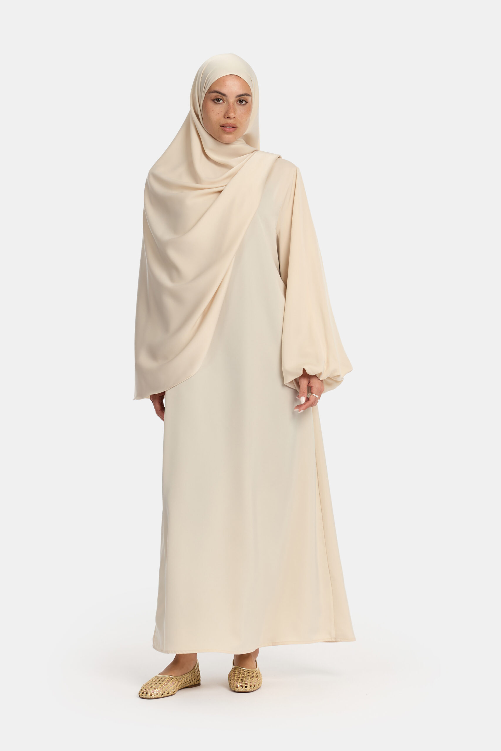 Satin balloon sleeve abaya Almond White - Afbeelding 2