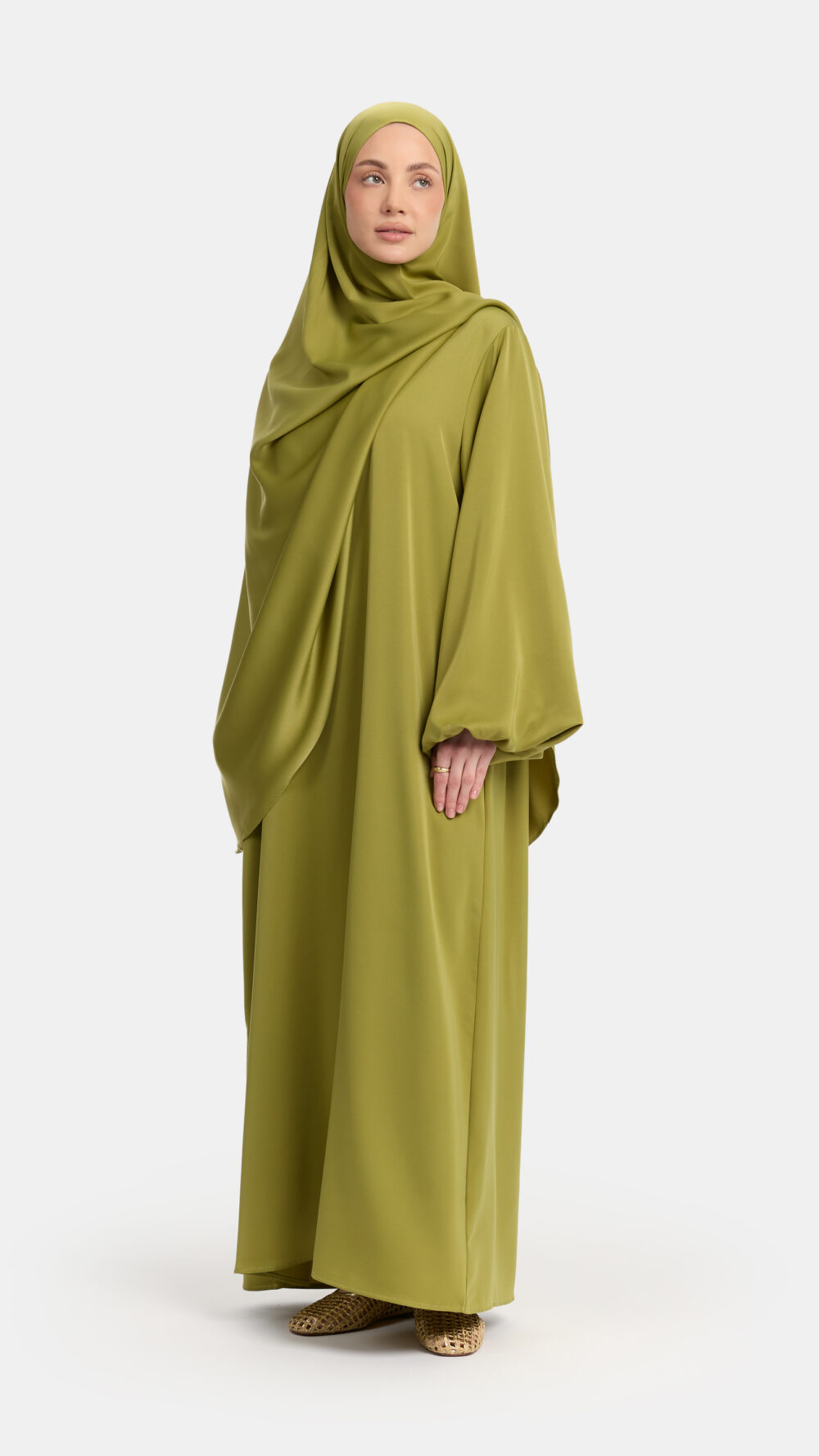 Satin balloon sleeve abaya Olive