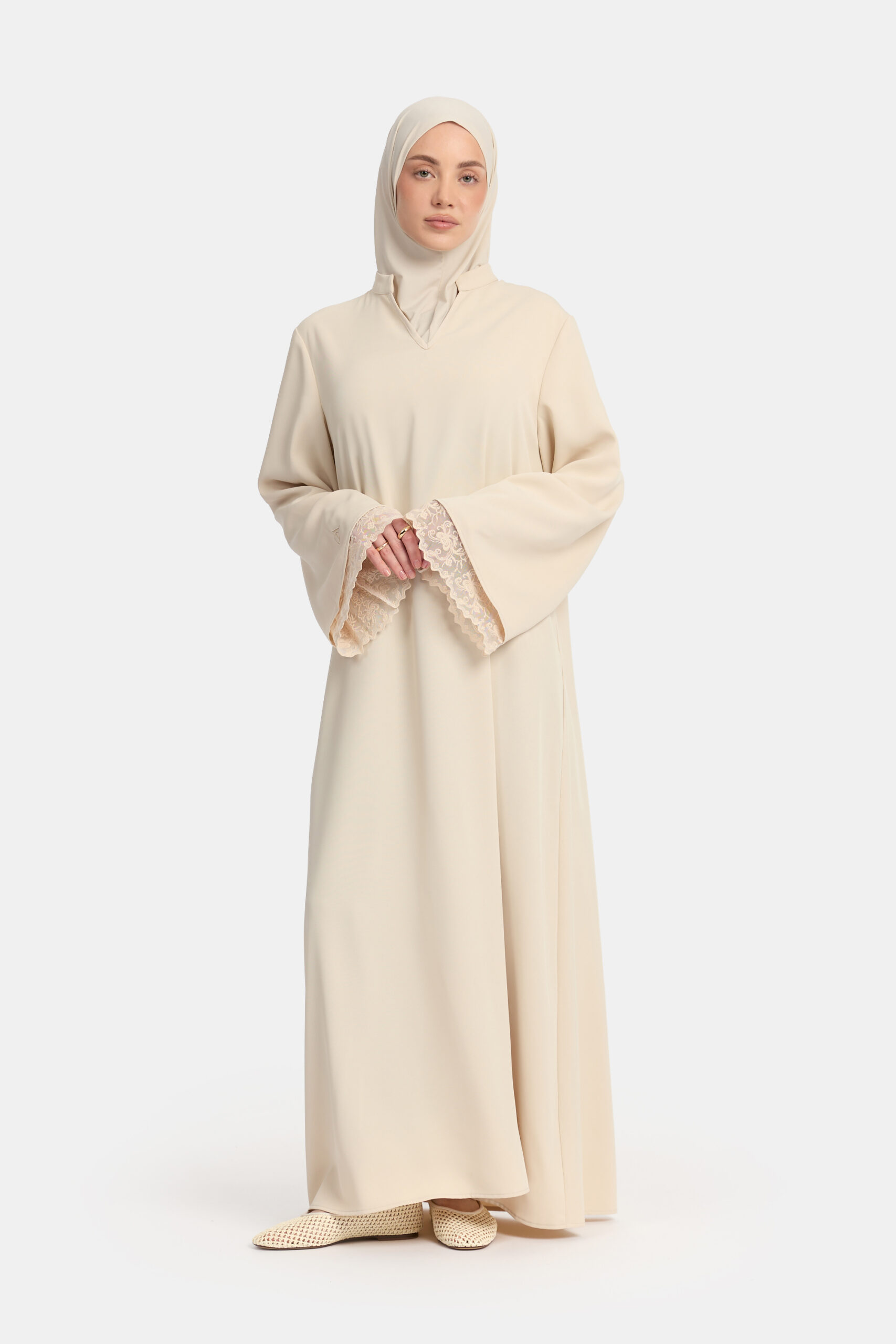 Double lace sleeve abaya Oat