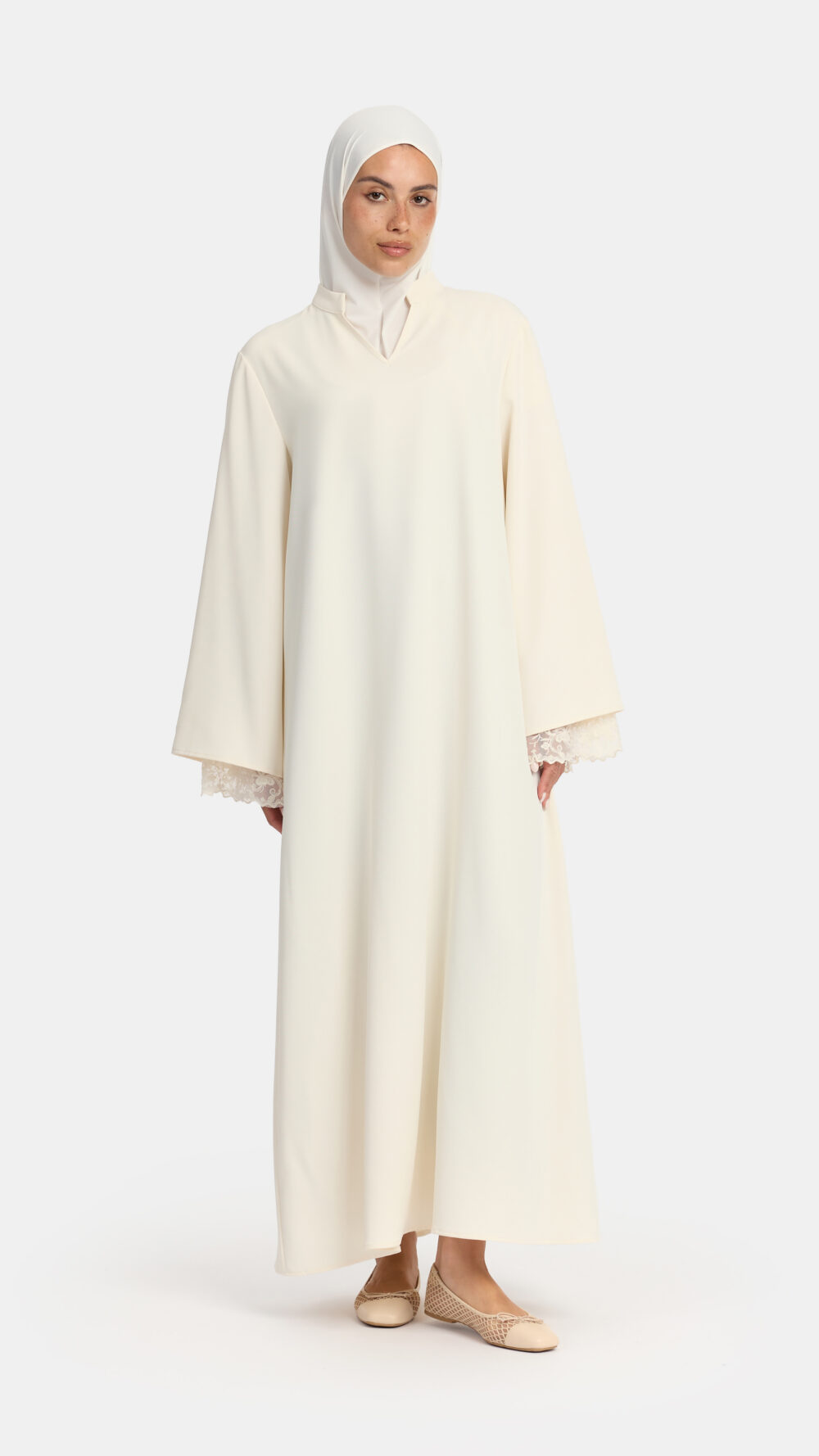 Double lace sleeve abaya Cream