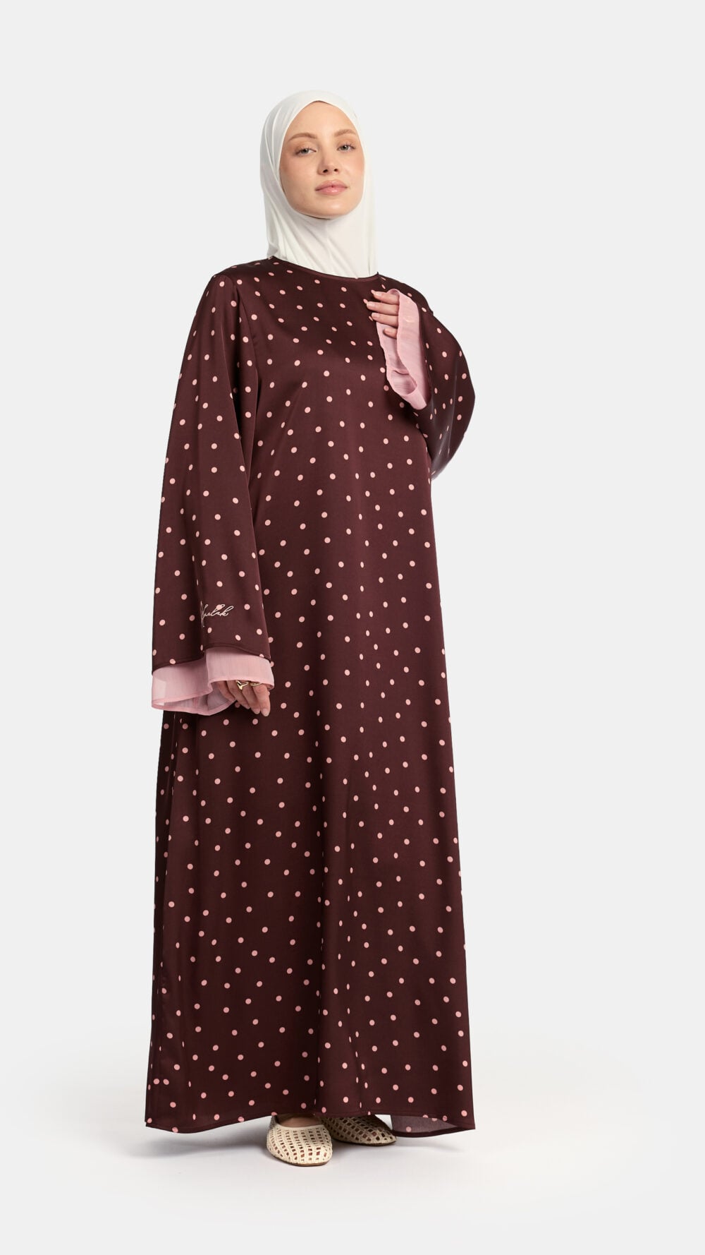 Soft dot Double sleeve abaya Brown
