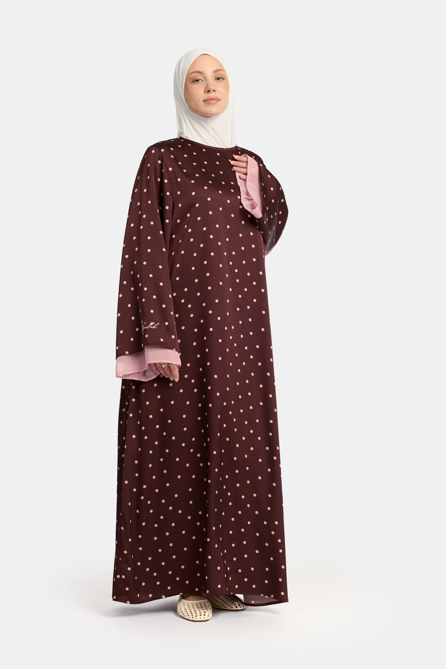 Soft dot Double sleeve abaya Brown