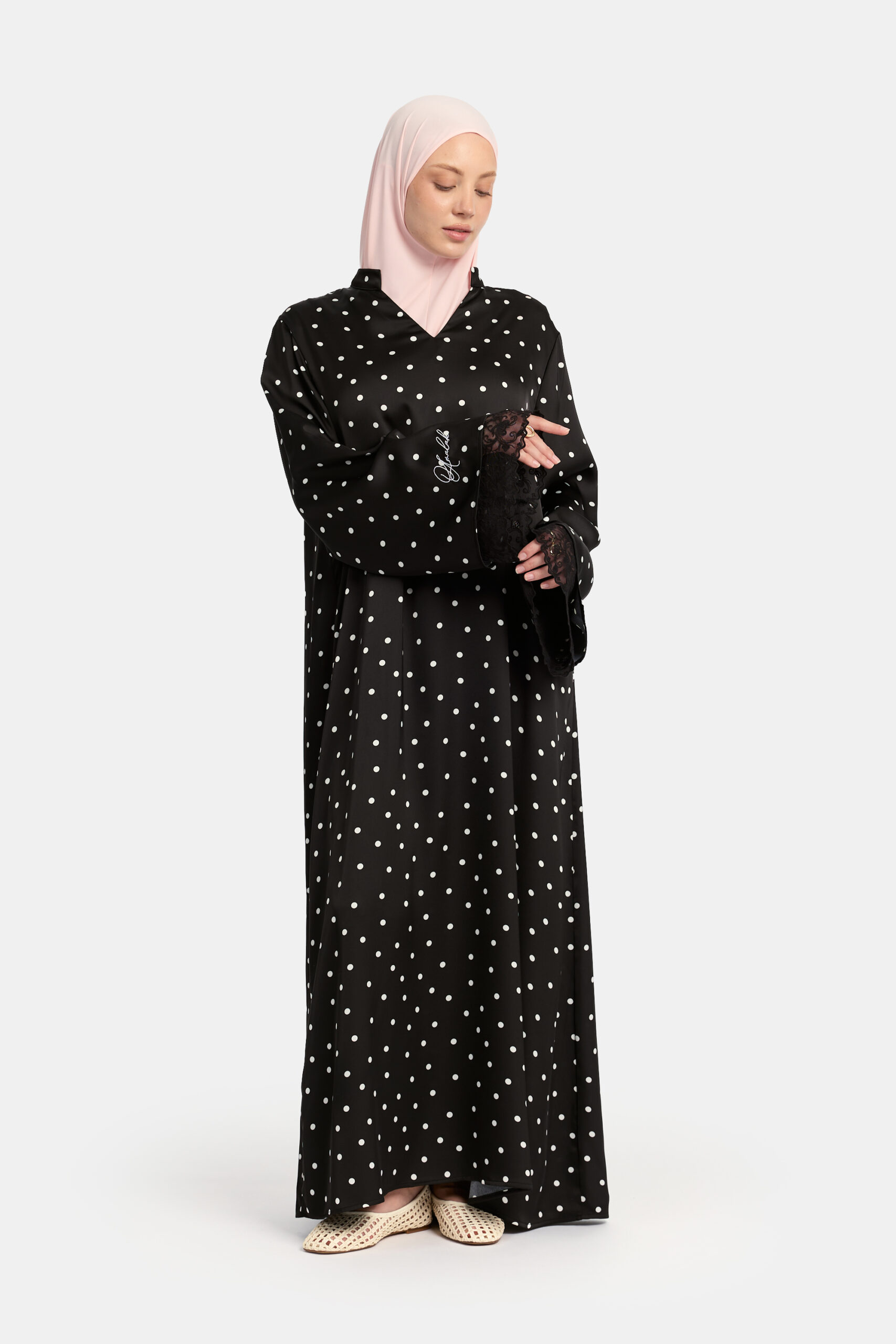 Soft dot Double lace sleeve abaya Black - Afbeelding 4