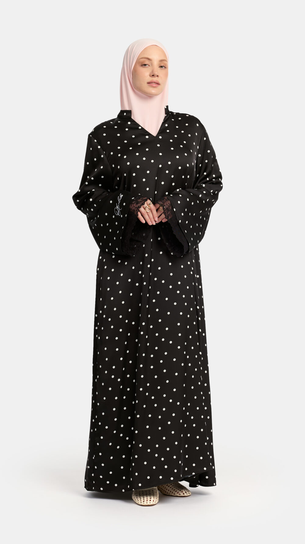 Soft dot Double lace sleeve abaya Black - Afbeelding 3