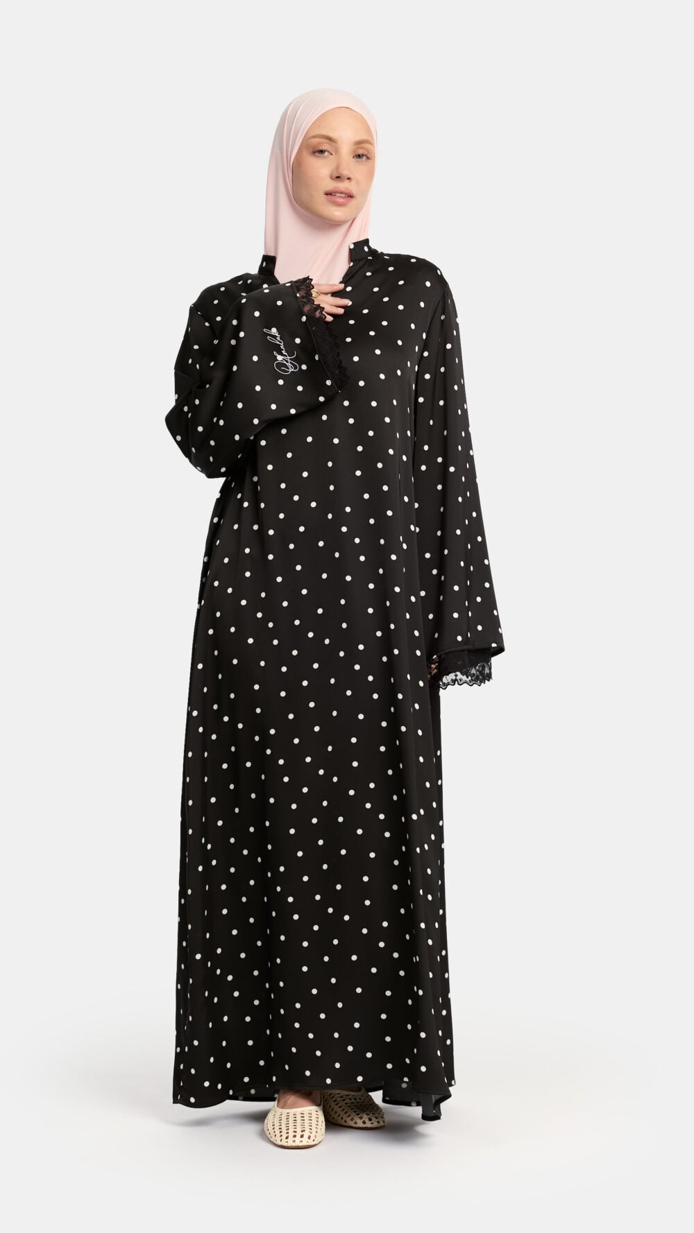 Soft dot Double lace sleeve abaya Black