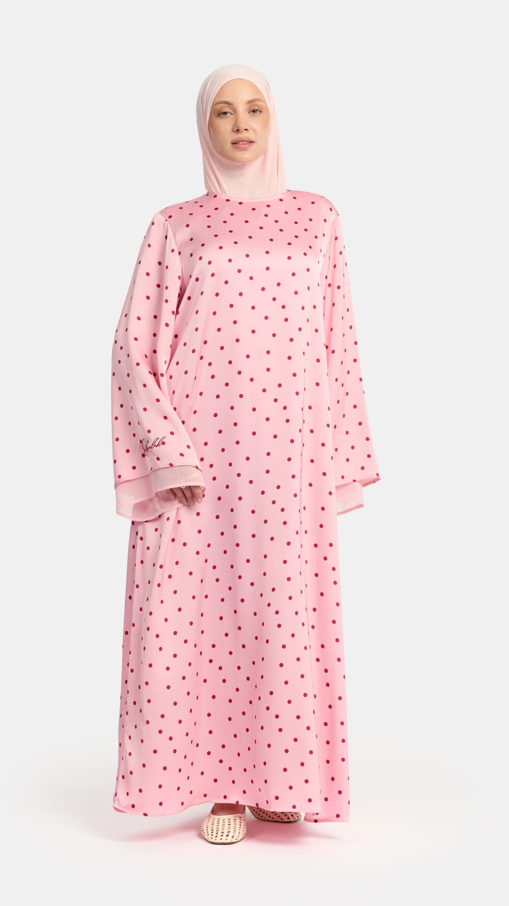 Soft dot Double sleeve abaya Pink