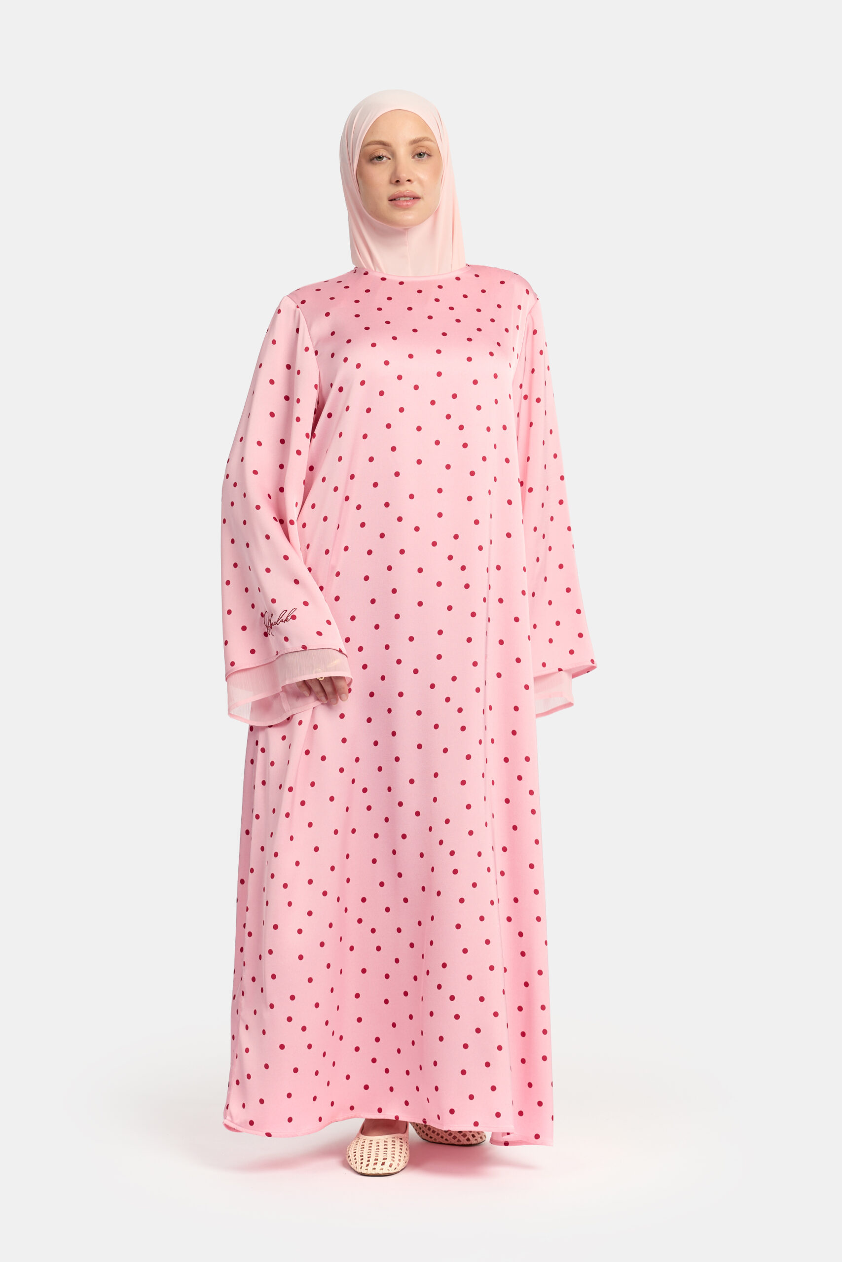 Soft dot Double sleeve abaya Pink