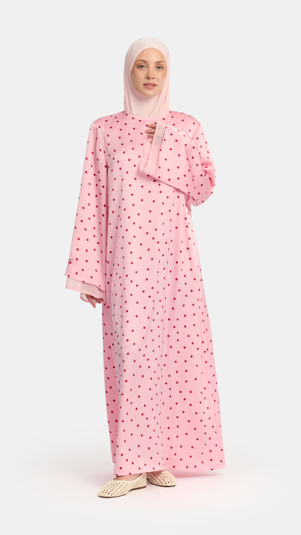 Soft dot Double sleeve abaya Pink - Afbeelding 2