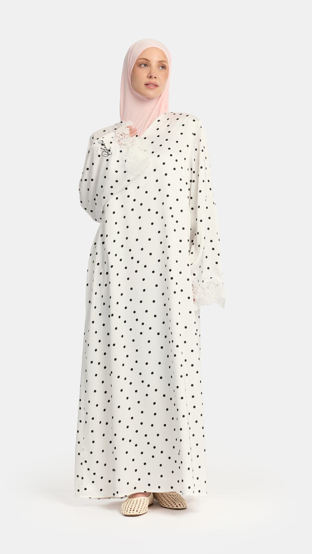 Soft dot Lace wavy edge abaya White