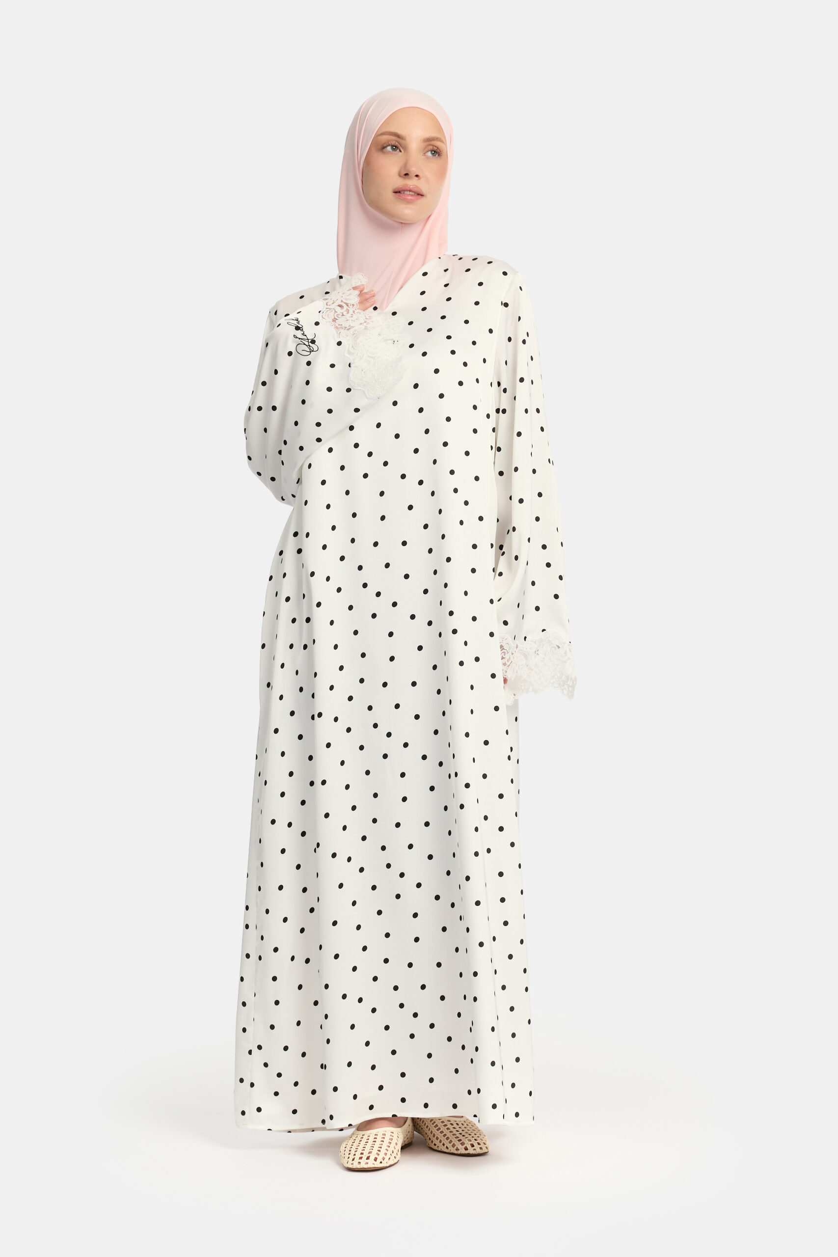 Soft dot Lace wavy edge abaya White