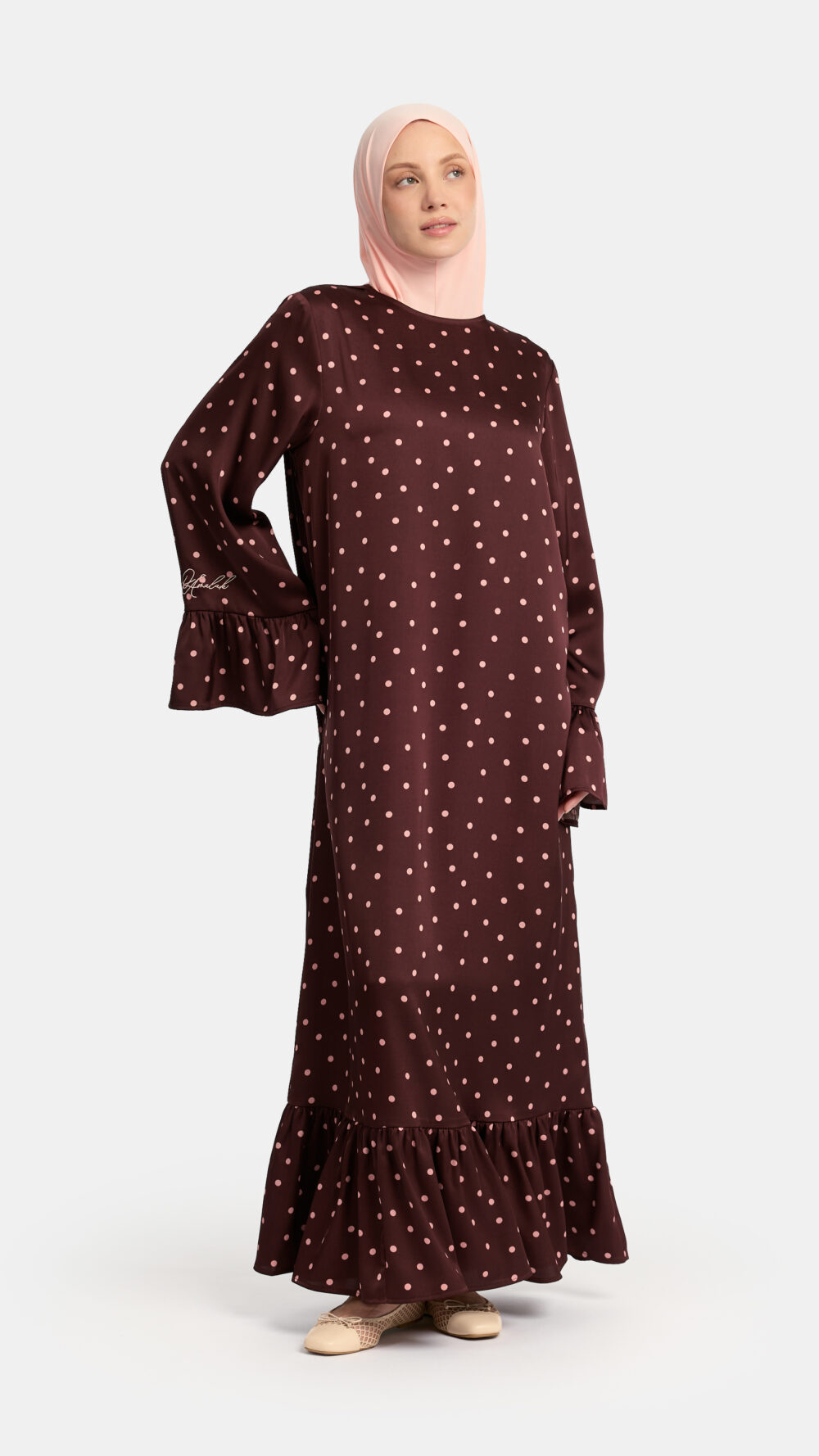 Soft dot Ruffle abaya Brown