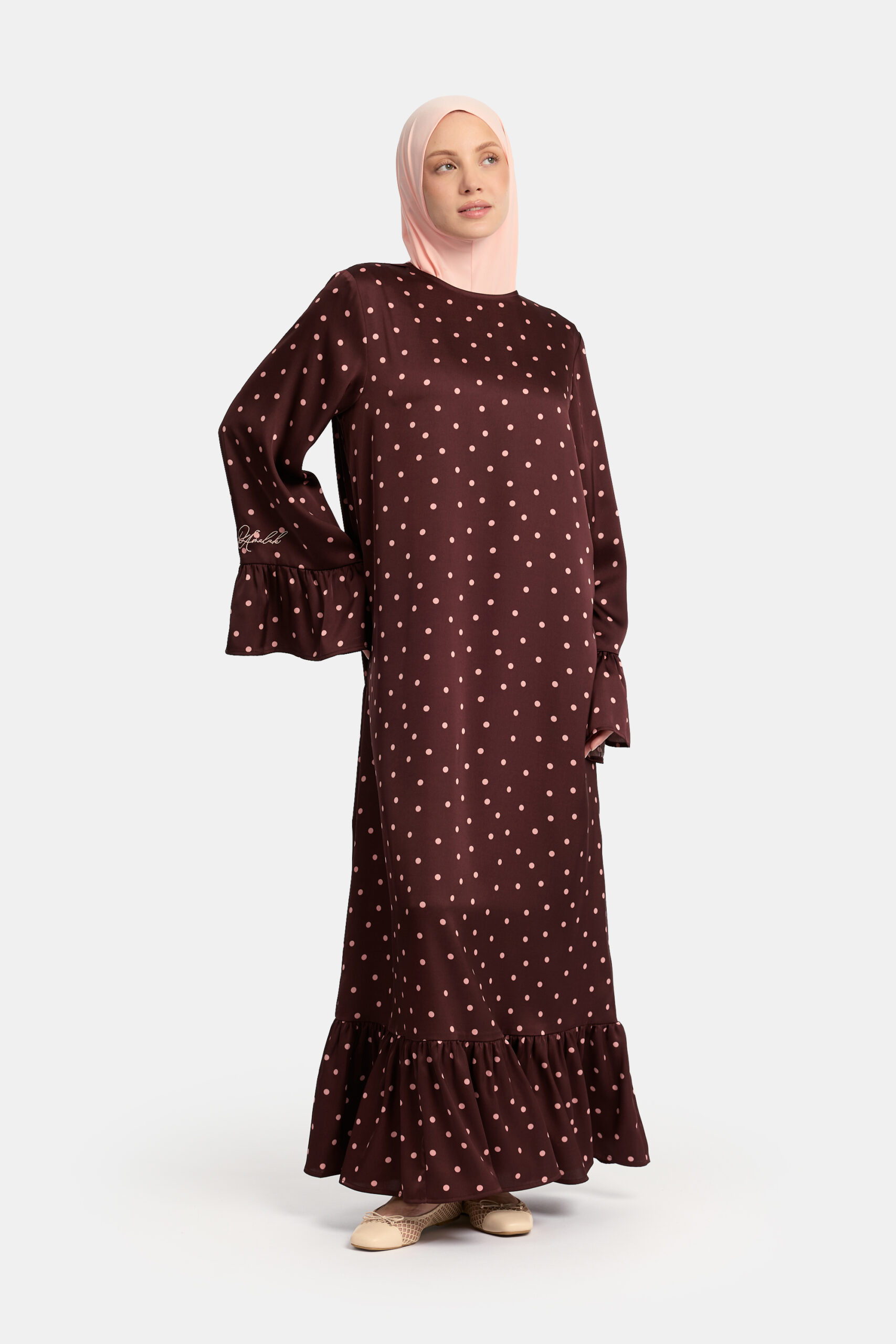 Soft dot Ruffle abaya Brown