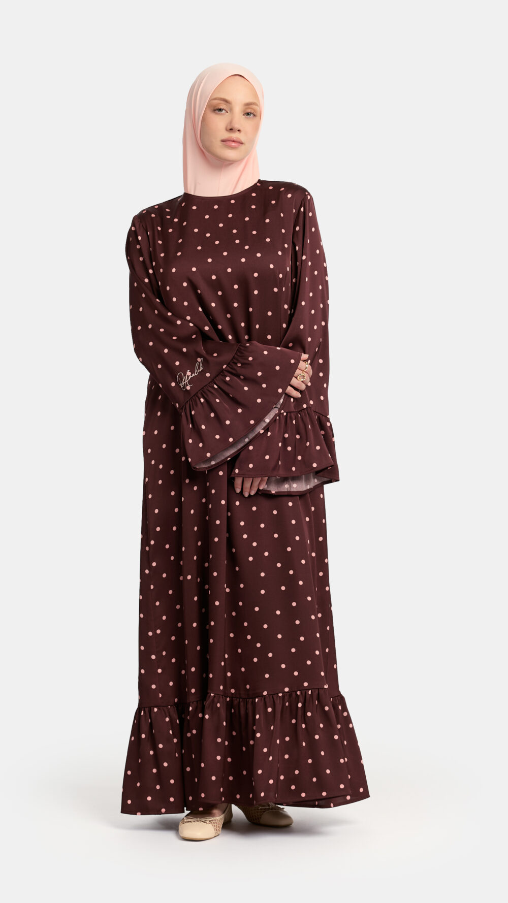 Soft dot Ruffle abaya Brown - Afbeelding 2