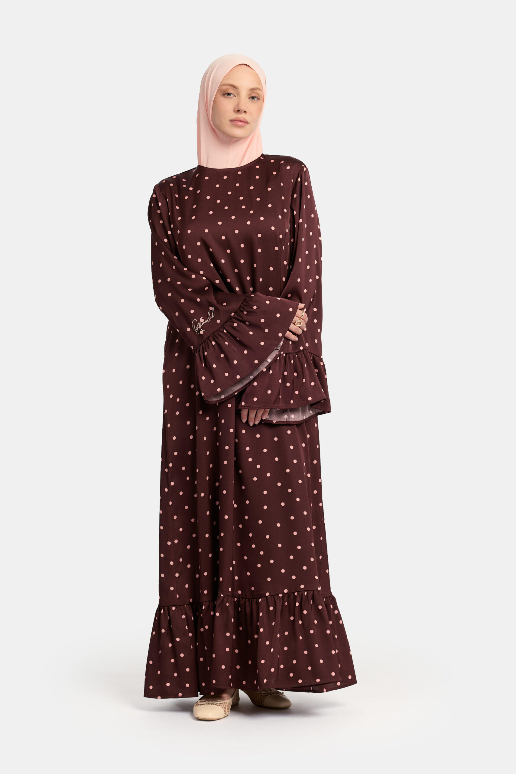Soft dot Ruffle abaya Brown - Afbeelding 2