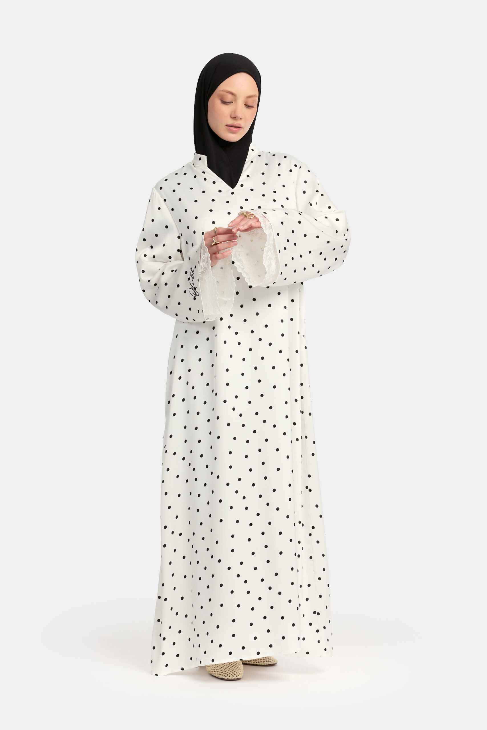 Soft dot Double lace sleeve abaya White - Afbeelding 3