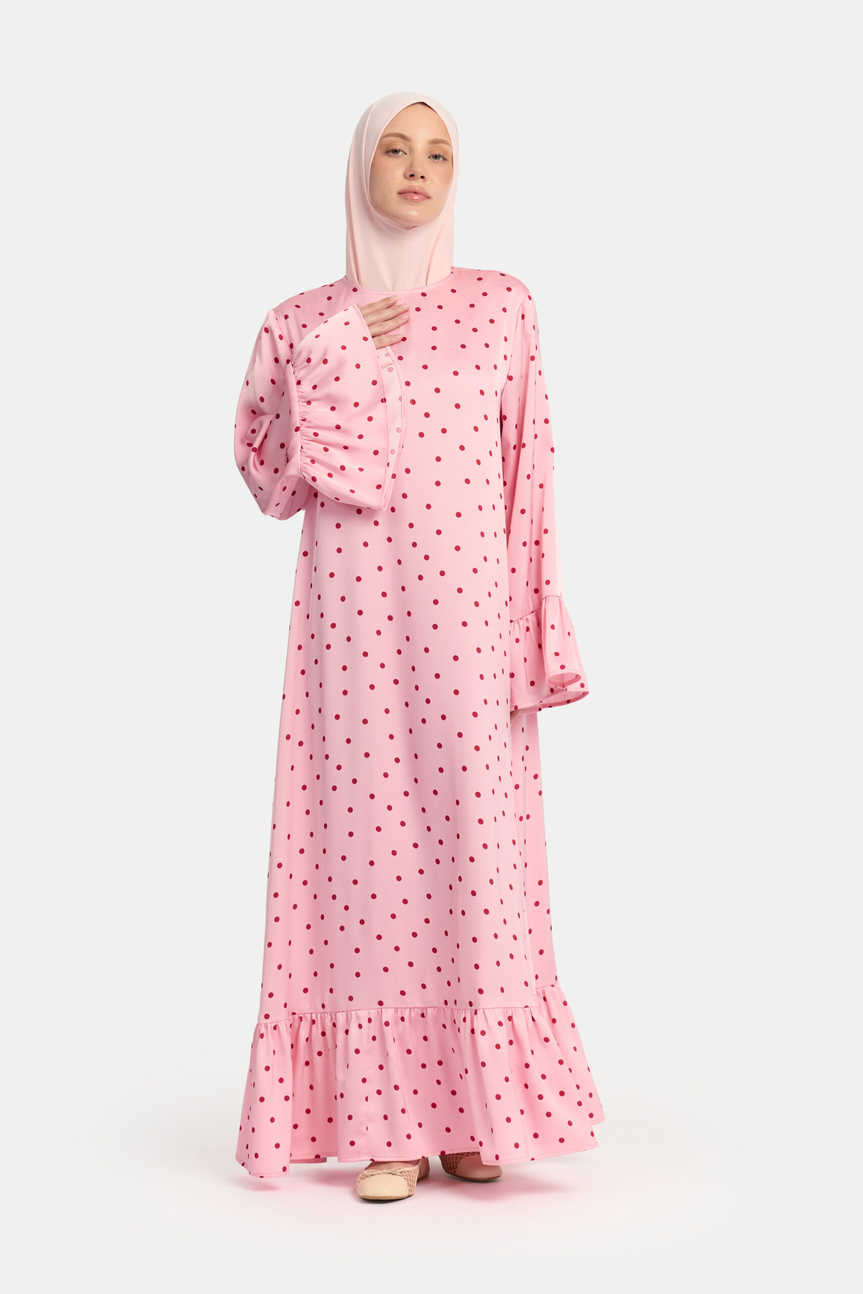 Soft dot Ruffle abaya Pink